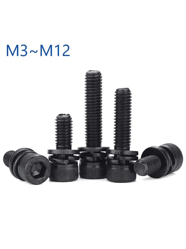 Black 12.9 Grade M3 M4 M5 M6 M8 M10 M12 Hexagon Hex Socket Head Cap Allen Bolt Screw Flat Washer Spring Gasket Combination Set