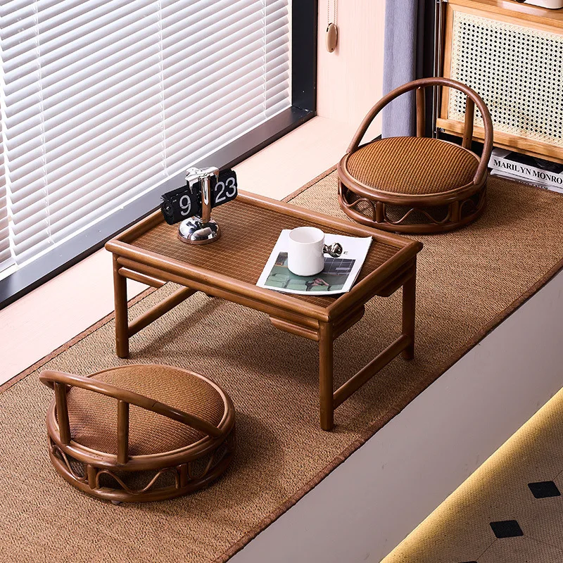 Japanese-Style Zen Small Coffee Table | Tatami Low Table with Backrest Pad | Rectangular Balcony Tea Table for Small Spaces