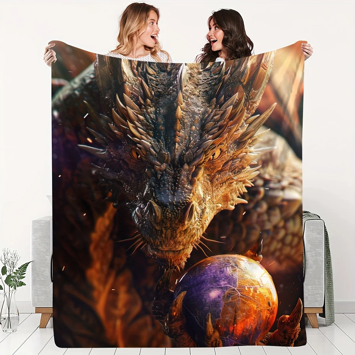 Cozy Dragon Theme Print Throw Blanket - Mystic Fantasy Animal Motif Soft Lightweight Accent for Sofa Bed Travel Office Gift