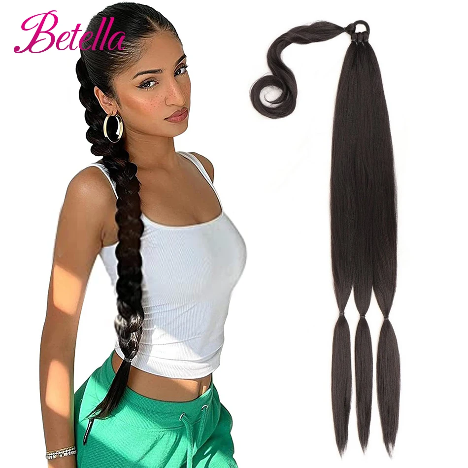 Synthetic Long Braided Ponytail Hair Extensions Synthetic Boxing Braids Wrap Around Chignon Padding With Rubber Band Hair Brown