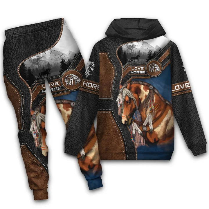 Dierlijk paardpatroon 3D-print 2-delige set Gestreept geruit Mode Ademend Heren Hoodies met lange mouwen Broek Tweedelige joggingpakken