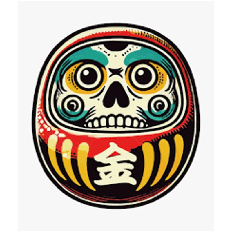 Japanese Daruma Skull Gold Kanji Red-Green Traditional Folk Art Waterproof Sticker for Laptop,Phone,Car,Unique Cultural Gift