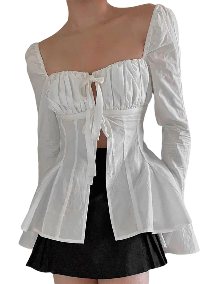 Women\'s summer Elegant Pleated Tops, Long Sleeves Square Neck casual Bandage Solid Color long sleeve blouse Party Street Shirt