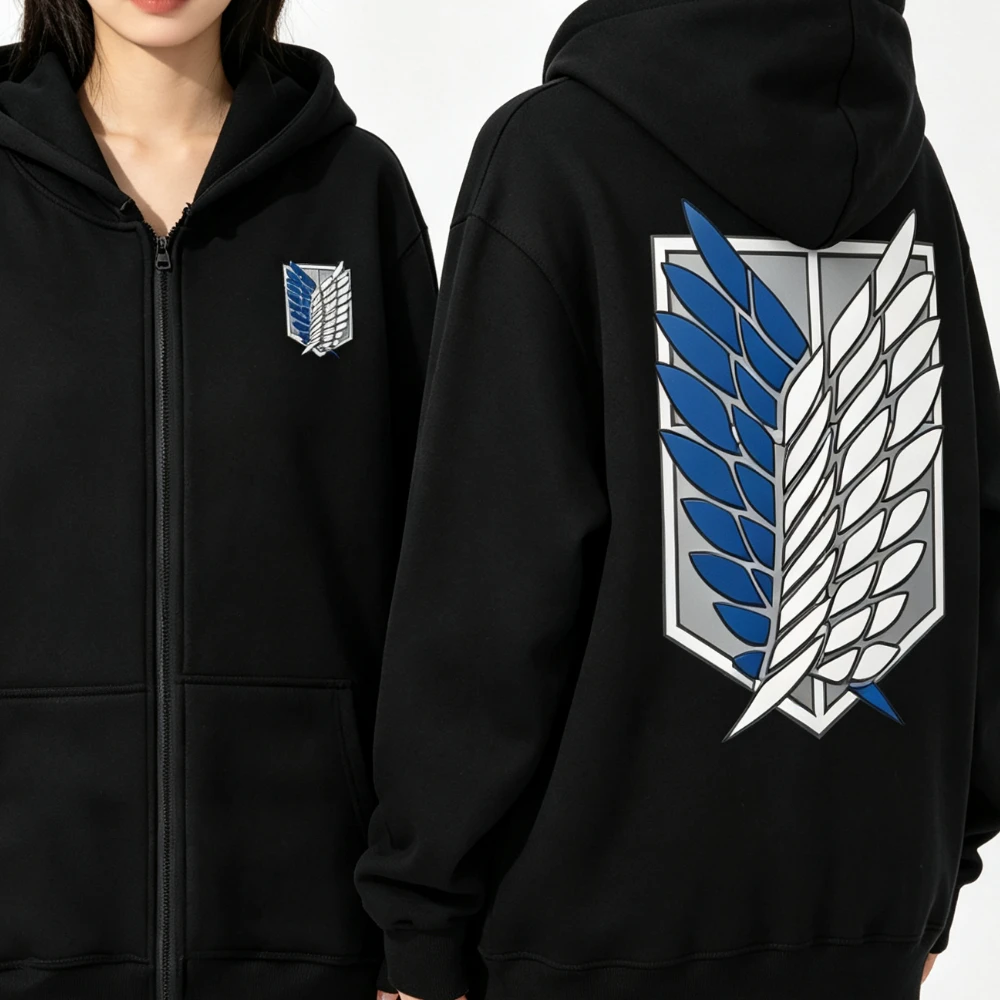 Anime Attack on Titan Zipper Hoodies Mikasa Ackerman Eren Jaeger Wings of Freedom Logo Zip Up Sweatshirts Print Long Sleeve