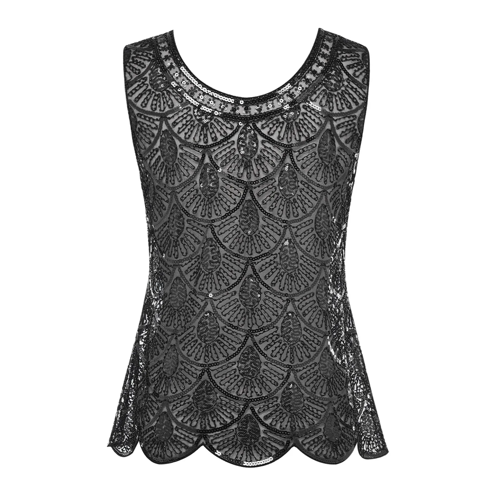 Womens 1920s Flapper Mesh Vest Shiny Sequin and Plastic Beads Sleeveless Pullover Cover-up Tank Top for Vintage Party Cocktails