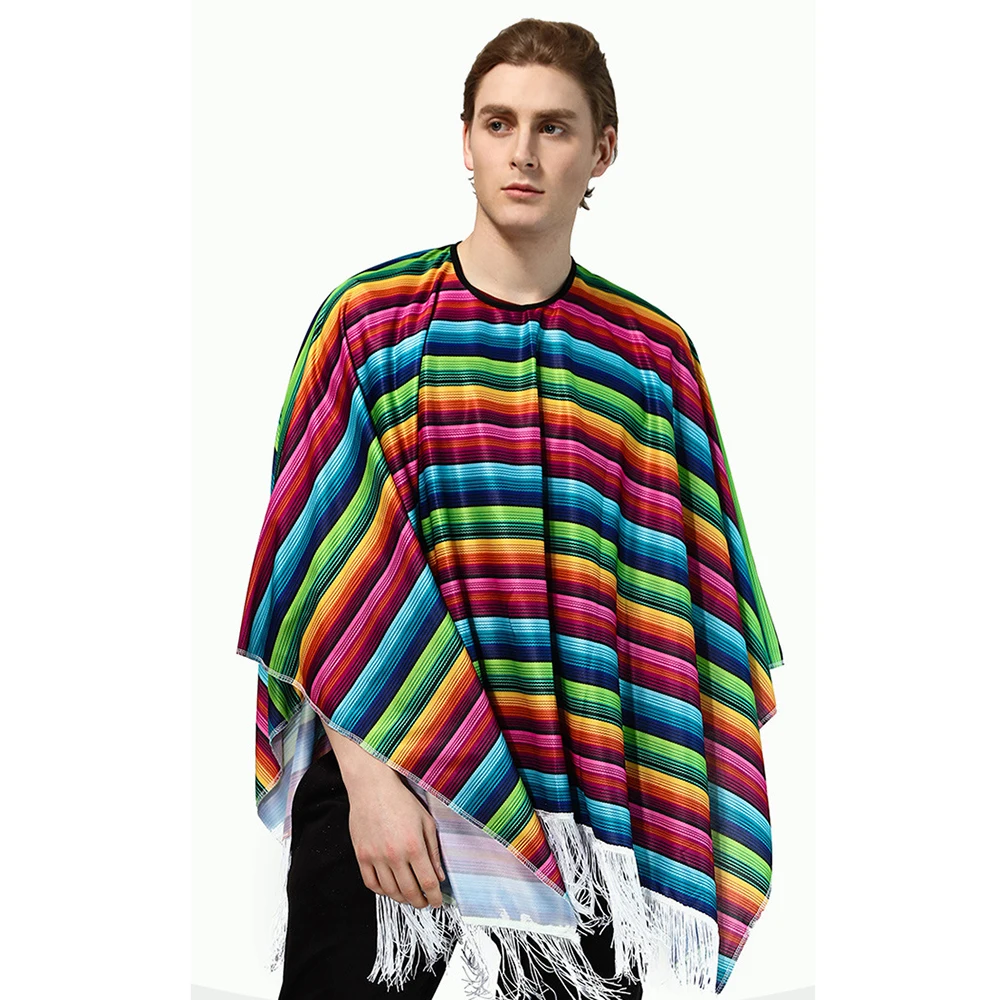 Capa de estilo étnico mexicano para fiesta de vacaciones, capa colorida a rayas, chal para adultos, disfraz de Cosplay para hombre, disfraz de Halloween