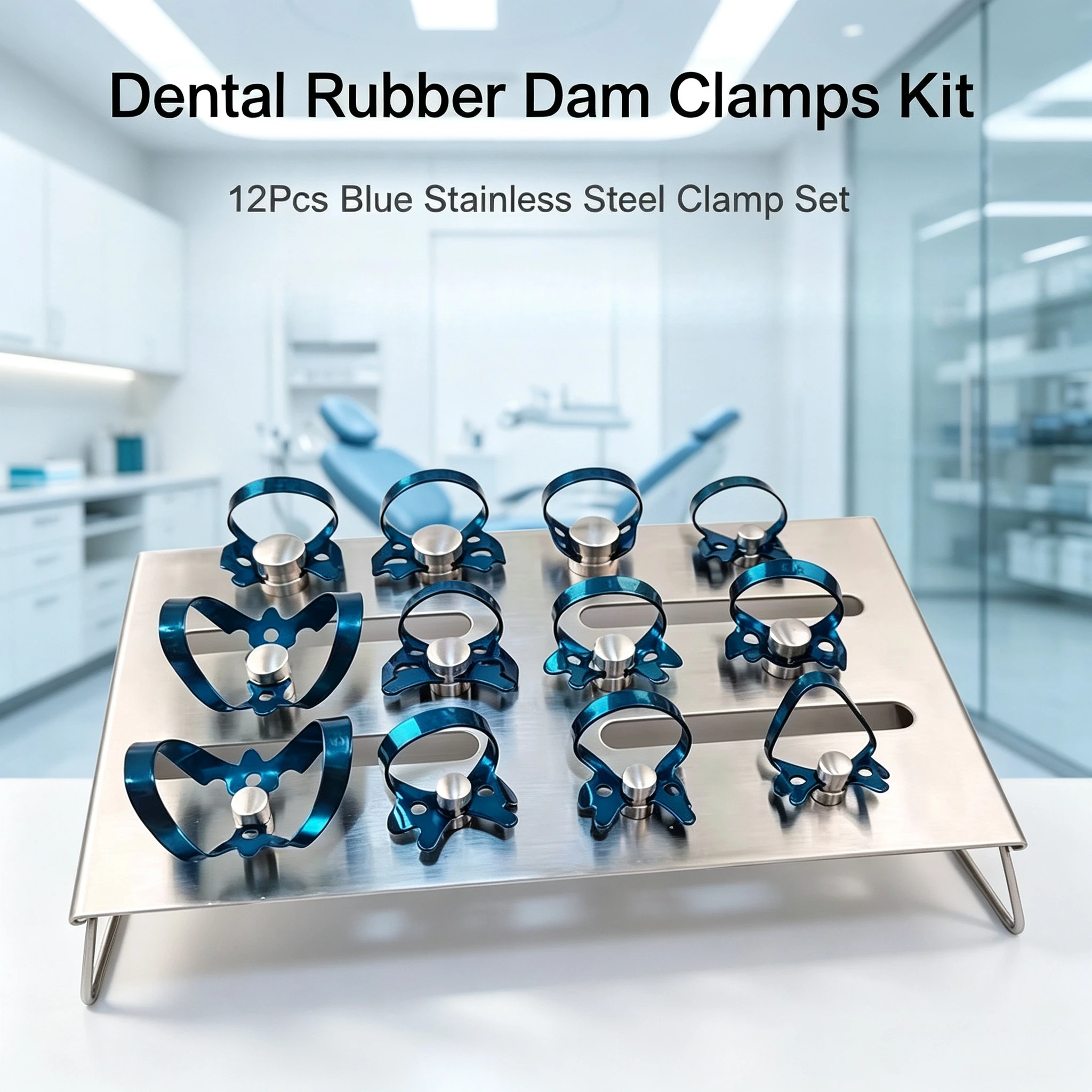 Dental Rubber Dam Clamps Kit 12Pcs Blue Stainless Steel with Sterilization Rack Orthodontic Clamp Set for Dental Clinic Use