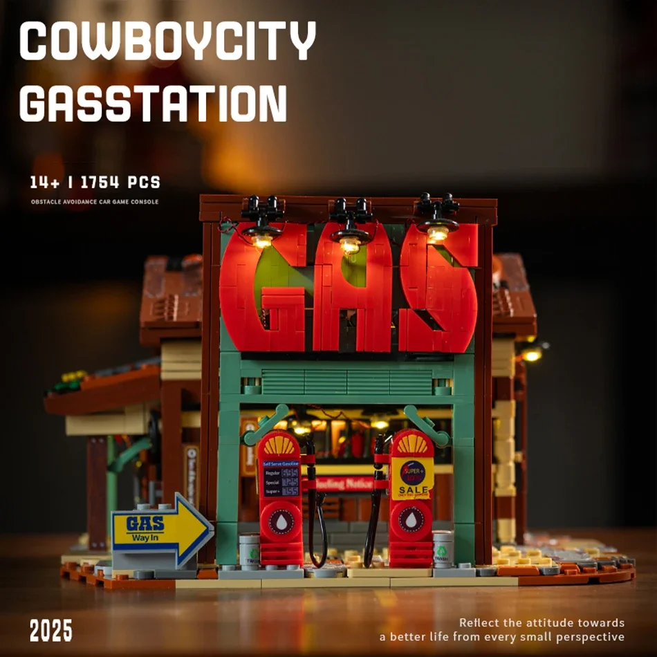 

Американский западный ковбойский город, бензозал, прицеп, вид на улицу, набор строительных блоков, западное город, буксирный грузовик, кирпичи, игрушка для детей