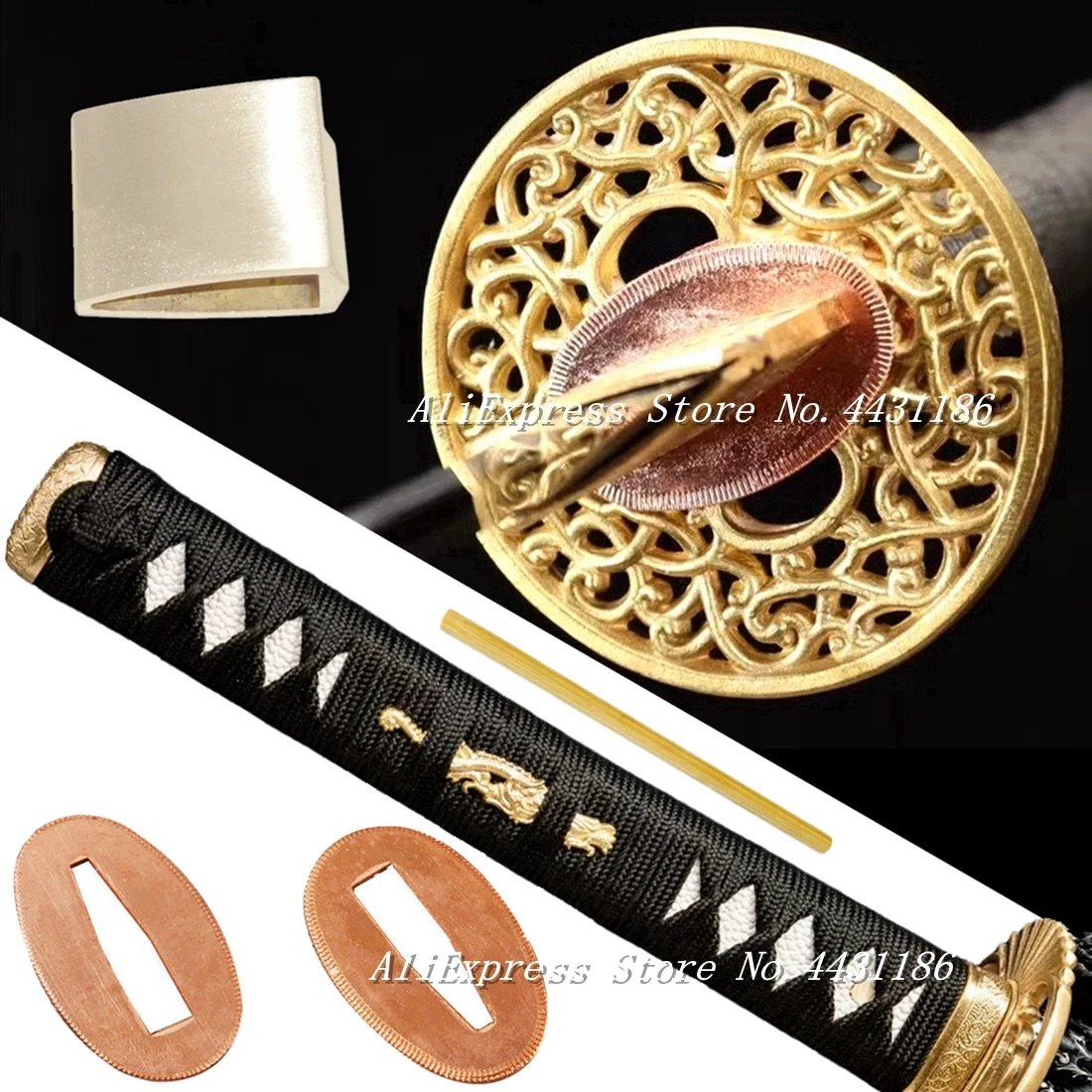 

A Set Copper Tsuba+Menuki+Tsuka+Fuchi+Kashira+Habaki+Seppa For Japanese Samurai Sword Handle Katana/Wakizashi Metal Fittings