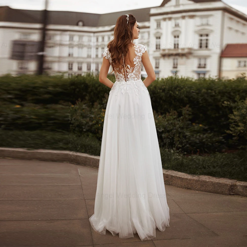 ANGEL Customized Lace Appliques Wedding Dresses Simple Sleeveless Flowers Sweep Bride Party Tulle Beach Civil Bridal Gowns