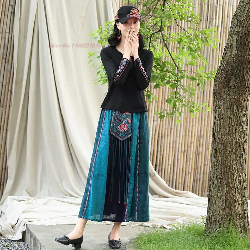 2024 patchwork tassel elastic waist midi skirts vintage women flower embroidery ethnic style chinese harajuku loose casual skirt