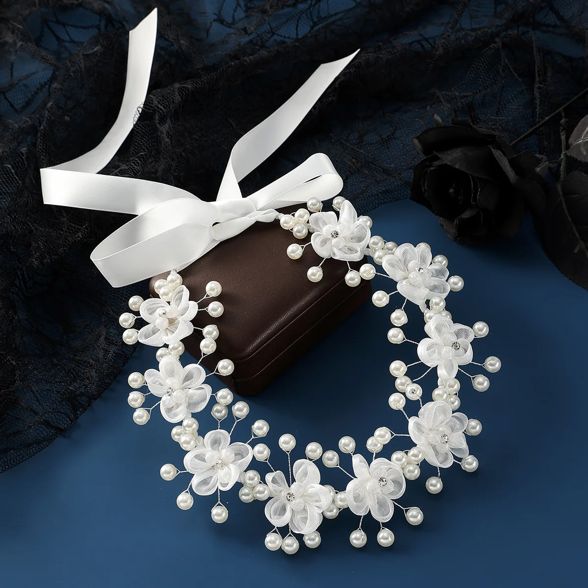 Pink Yarn Flower Wreath Girl Headband Hair Jewelry Pearl Women Tiaras Headpiece Women Wedding Hair Piece Accessories FORSEVEN