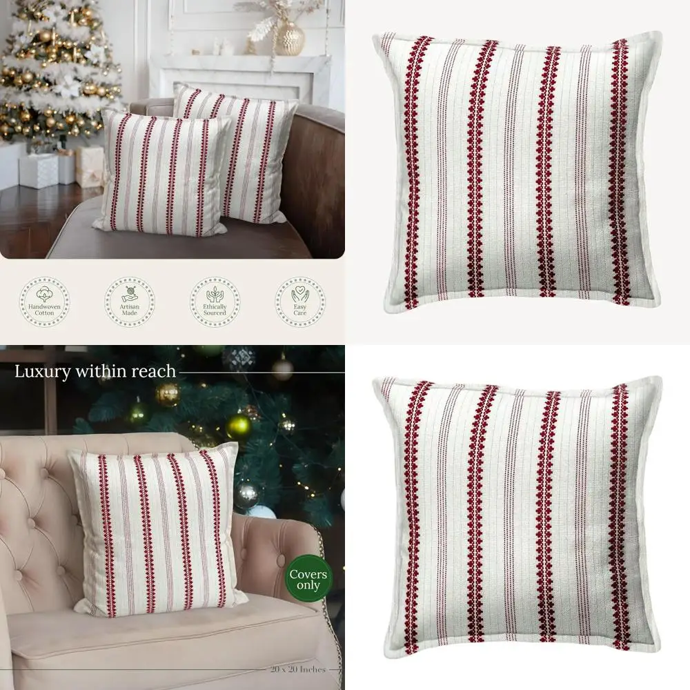 

Роскошные хлопковые наволочки в красно-белую полоску Winterberry, 20x20 дюймов, праздничная тема, со скрытой молнией, без вставки