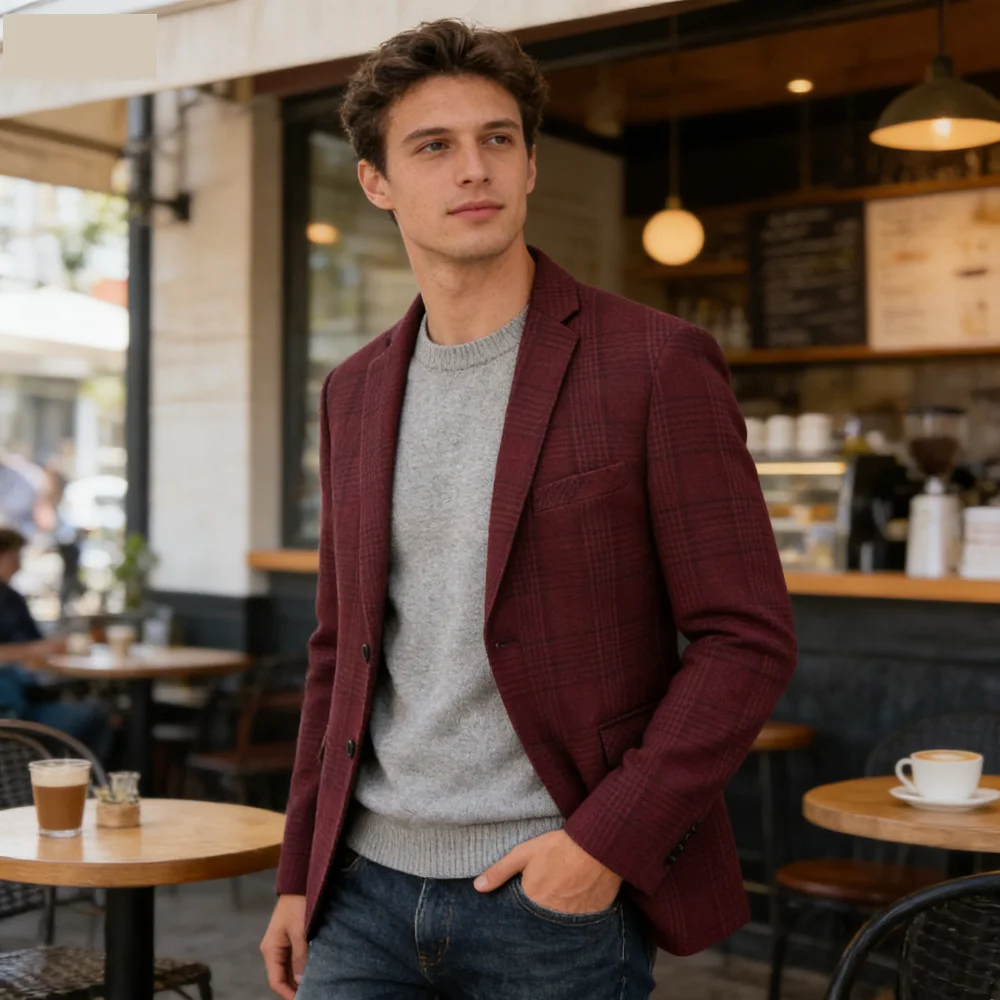 

Outono inverno masculino xadrez blazer de lã inteligente casual cinza camelo azul marinho teste padrão verificado lã mistura ter