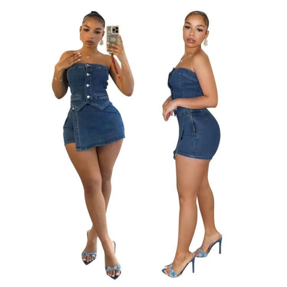 

Women'S Shorts Set Summer Sexy Tight Stretch Denim Strapless Top And Shorts Set Two-Piece Set Streetwear Denim Jeans Shorts Set