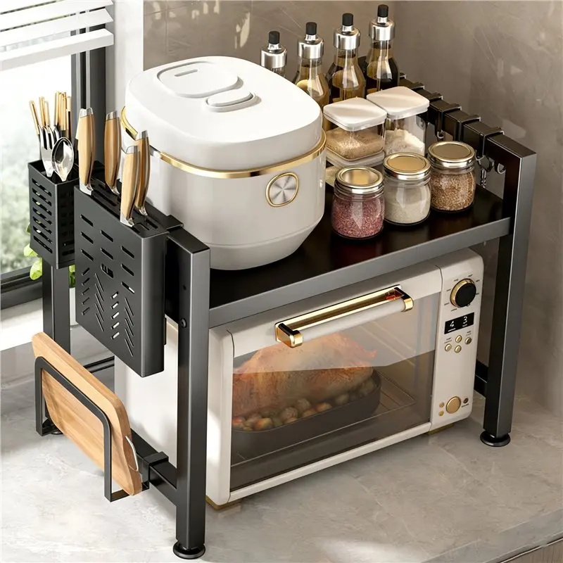 

Microwave Shelf 3-Tier Extendable Worktop Shelves With 6 Hooks, Kitchen Shelf, Spice Rack