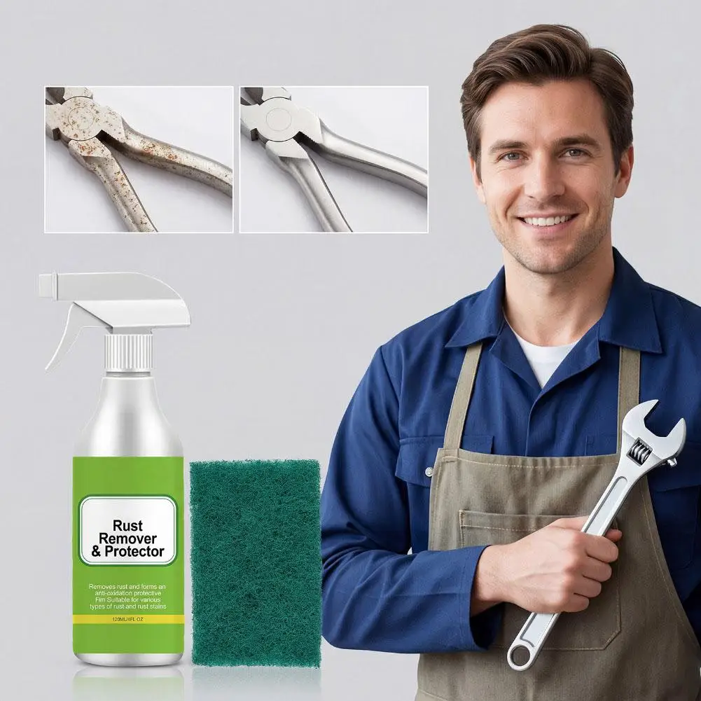 Metal Rust Remover Spray, 120ml Rust Dissolver & Anti-Rust Protector with Scrub Pad, Home Rust Cleaner for Tools Hardware