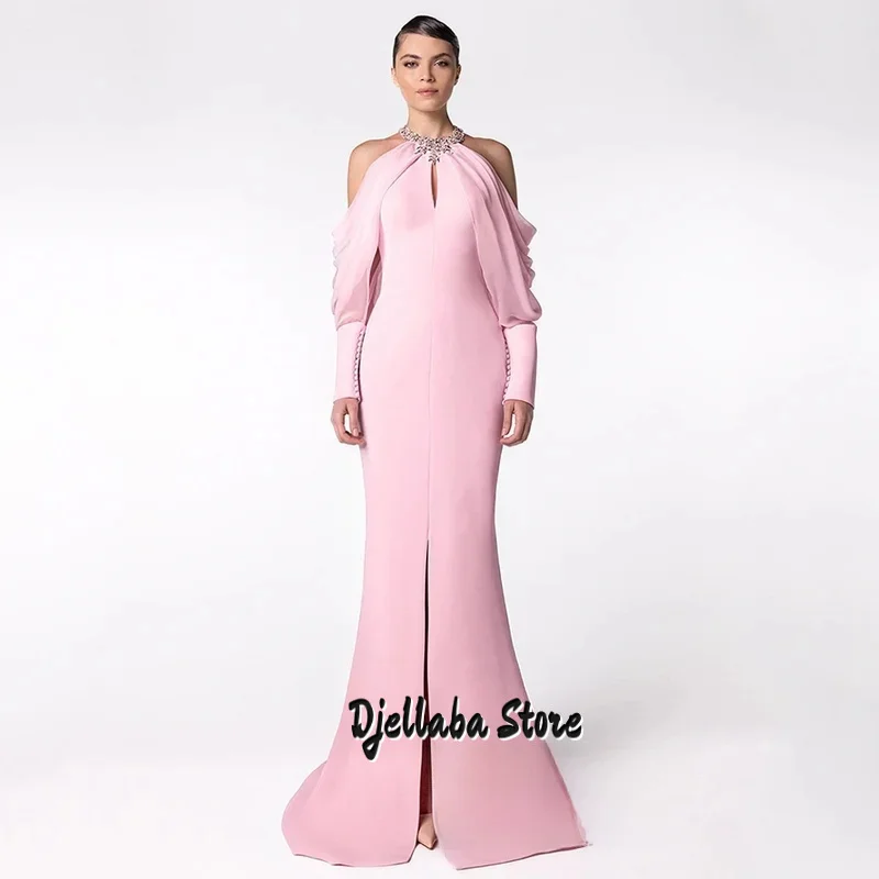 

Сексуальное вечернее платье русалки Vestidos De Fiesta, индивидуальное платье с лямкой на шее и длинными рукавами и пуговицами, розовое платье для выпускного вечера, вечерние платья с разрезом