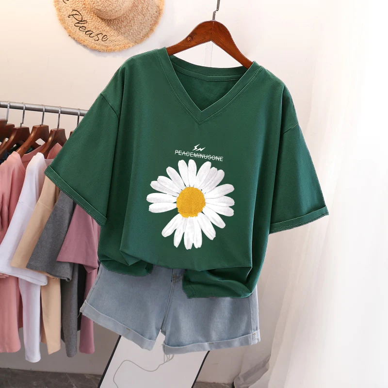 Retro American Short Sleeve T-Shirt Women Summer Loose V-Neck Half Sleeve Trendy Design Large Size Comfortable Cotton Top