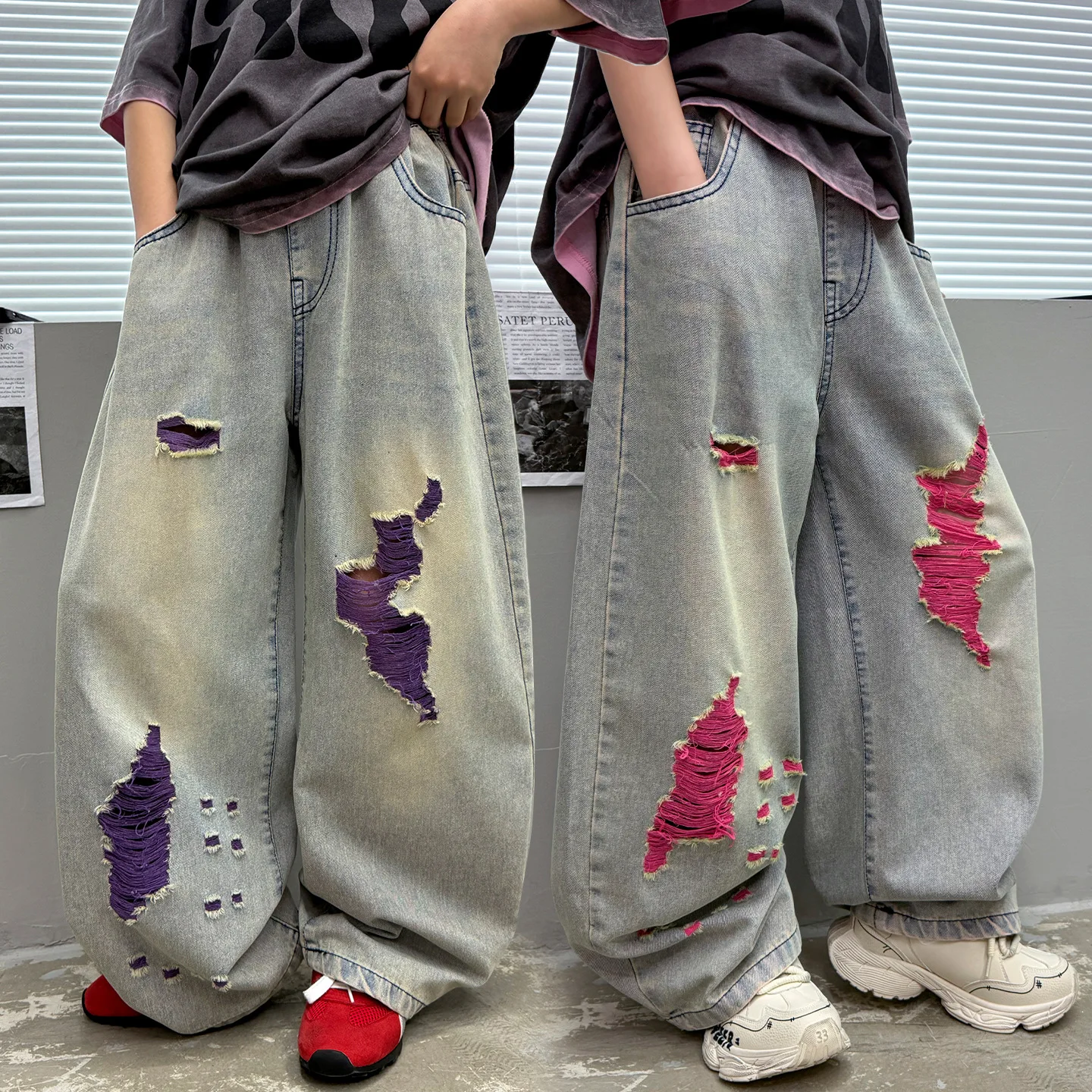 Retro Kids Colourful Ripped Jeans for Boys Spring Autumn Denim Pants Teenage Child Loose Straight-leg Casual Baggy Jeans