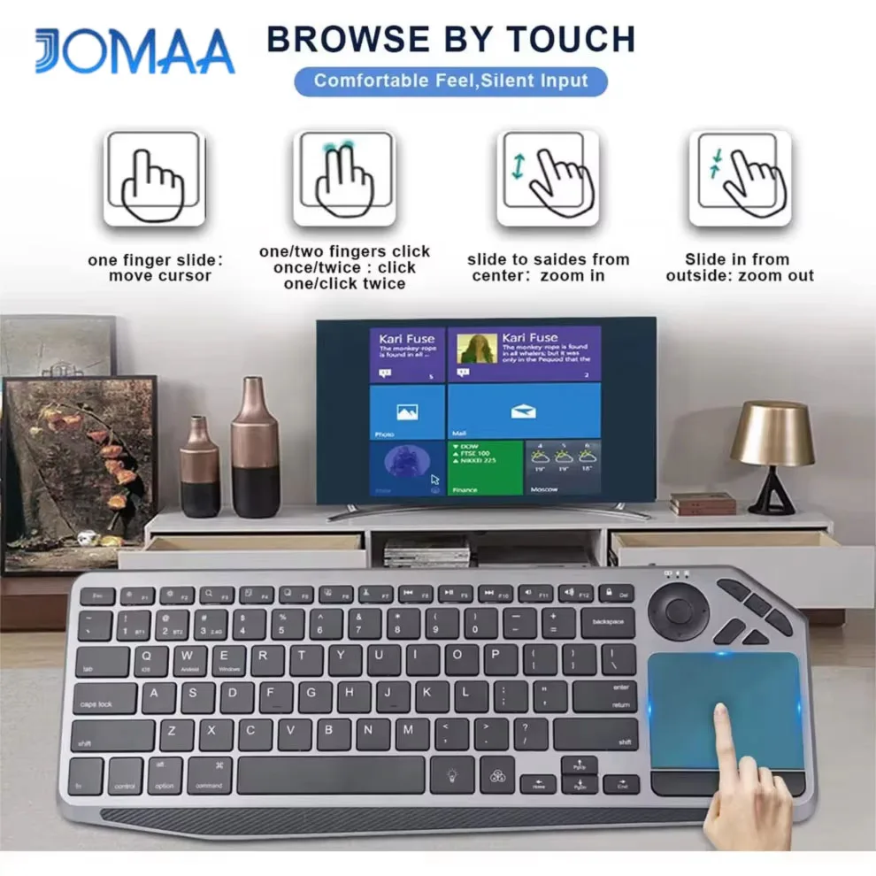 JOMAA Wireless Bluetooth TV Keyboard 2.4G Backlit with Touchpad Media Control - Rechargeable Multimedia Keyboard for TV