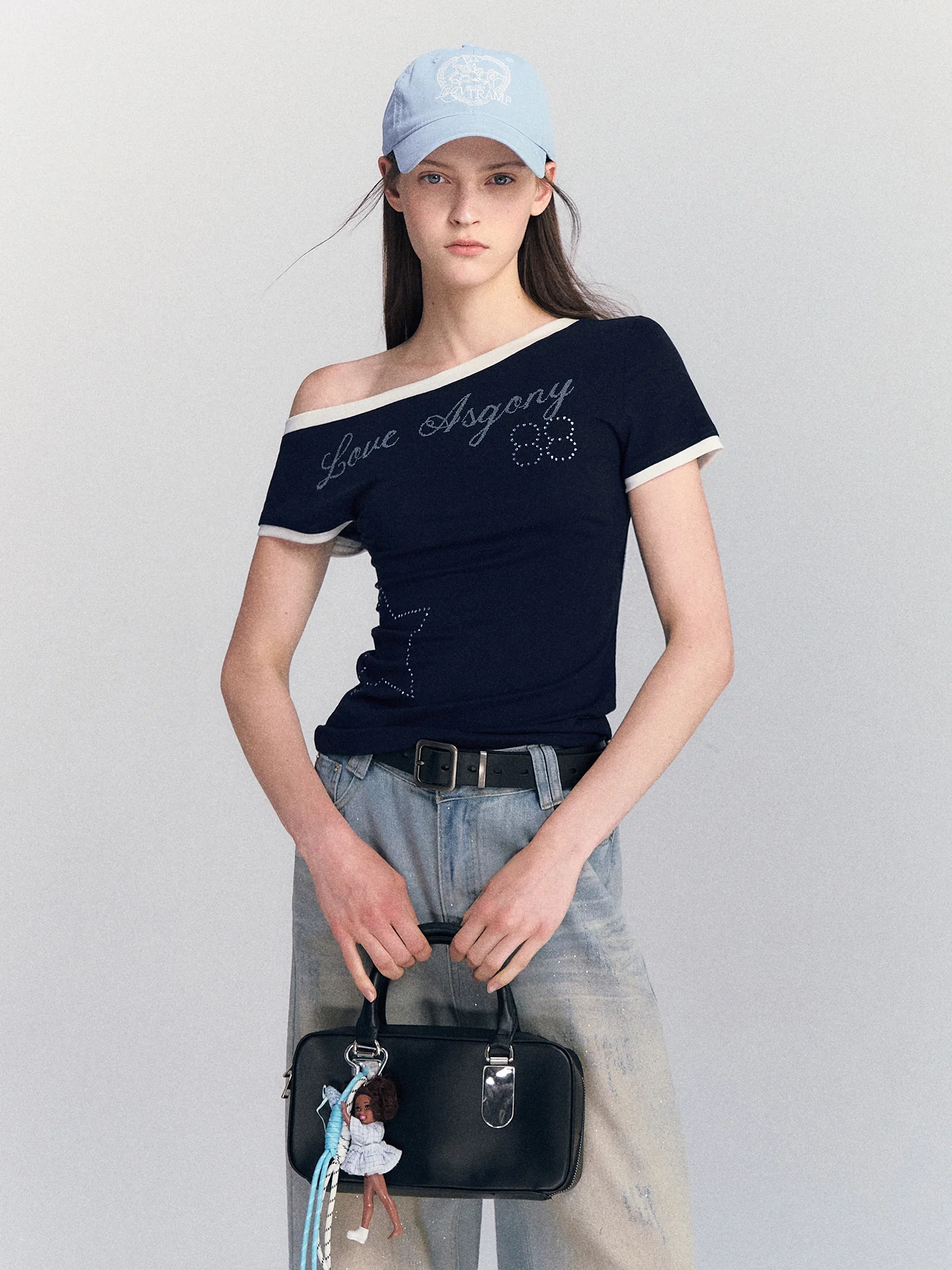 Slim Fit Rhinestone Letter Short Sleeve T-Shirt AsGony Boat Sister Vintage Style Casual Wear for Women Shoulder Baring Top