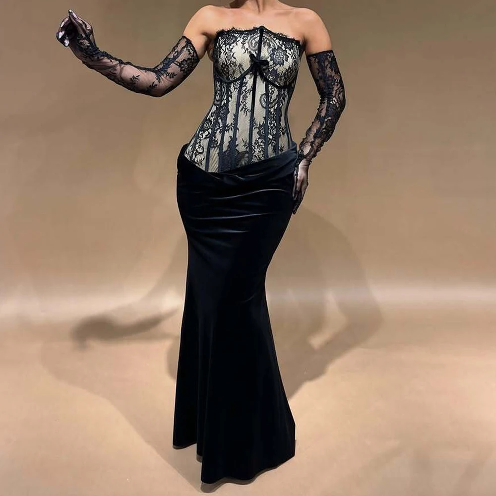 

Customized A-line Evening Dresses Floor-length Strapless Full Sleeve Prom Gown Fashion Lace Simple Draped Backless Party Gown