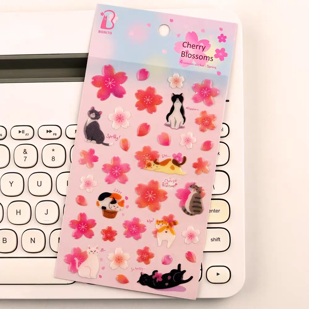 Korean Import BONITO Cherry Blossoms Cat Crystal Drop Stickers Scrapbooking Diy Journal Stationery Diary Sticker Decor School