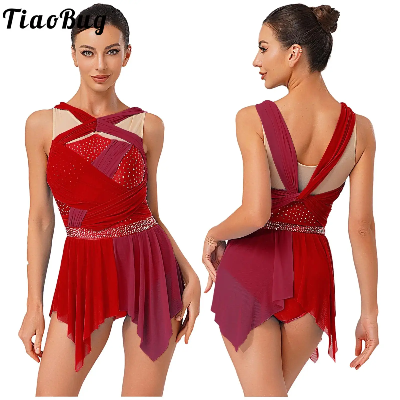 

Women Figure Skating Dress Lyrical Modern Dance Gymnastics Leotards Dresses Sleeveless Bodysuits Dress Stage Performance Costume