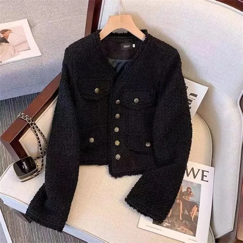 2023 nuovo autunno coreano signore corto scollo a v giacca di Tweed donna Slim tutto-fiammifero manica lunga Casual femminile cappotto capispalla top bianchi