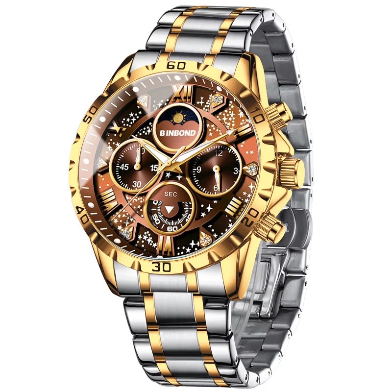 BINBOND Luxury Fashion Men Watches Multi-functional Stainless Steel Original Quartz Wristwatch Moon Phase Chronograph Waterproof