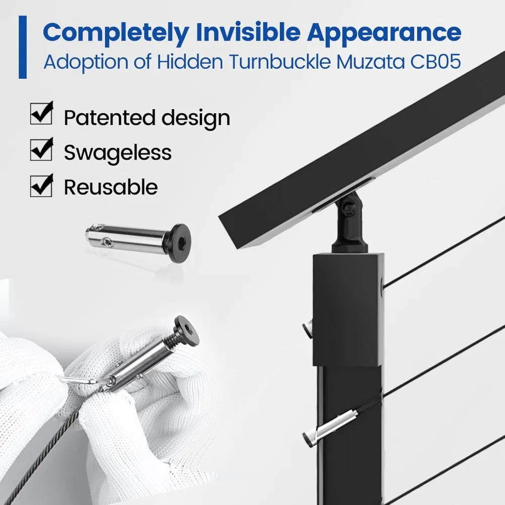 Muzata 3-6.6ft Adjustable Black Cable Railing System for Sloped Areas with 36 Post and Handrail