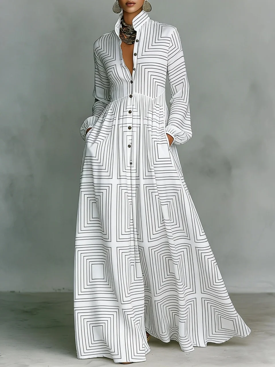 

Retro Geometric Print High Waist Long Dress Women Spring Shirt Collar Button Pockets Maxi Dress Long Sleeve Boho Vacation Dress