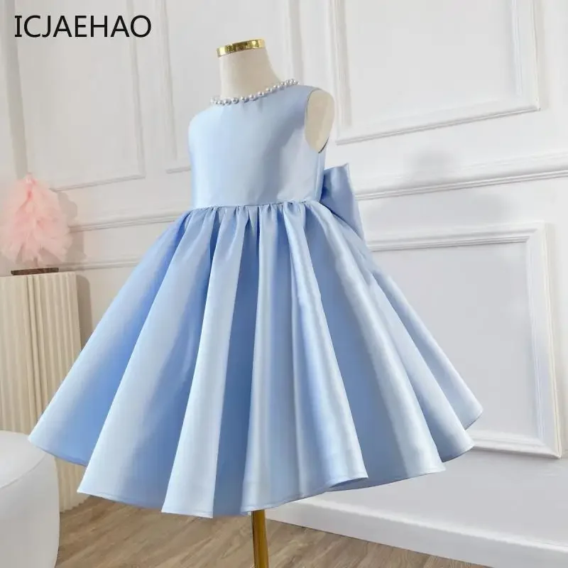 2025 Baby Girl Dress Sleeveless Satin Beading Simple Solid Color Children Princess Kid Noble Clothing Birthday Gift