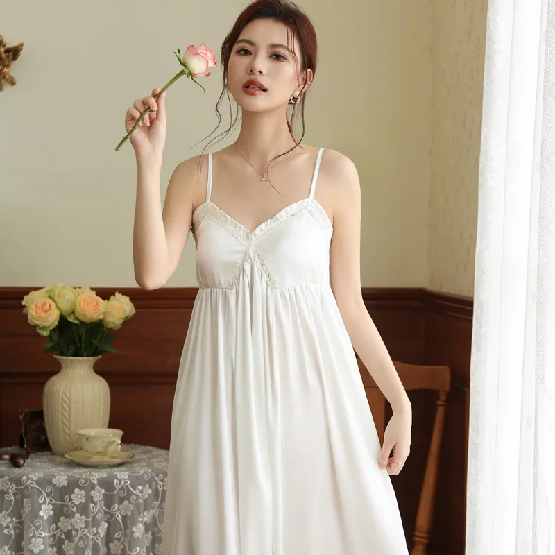 

Женская ночная рубашка с v-образным вырезом и кружевной отделкой, мягкое платье трапециевидной формы из искусственного шелка с принтом/однотонное платье на бретельках, свободная посадка, легкая летняя одежда для сна