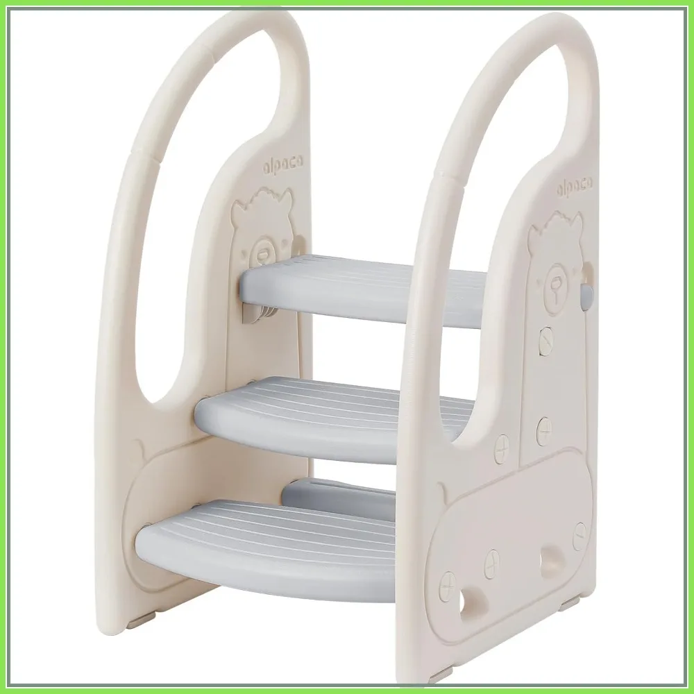 

3 Step Stool for Toddlers, Standing Tower with Handles and Non-Slip Pads, Grey White