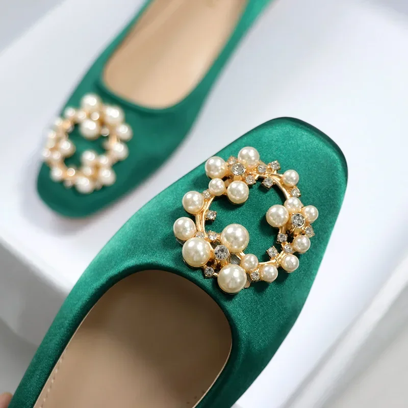 Pearl Circle Buckle Flat Shoes Woman Square Toe Green Silk Slip on Loafers 41-42 Big Size Flats Female Pearl Beading Mocasines