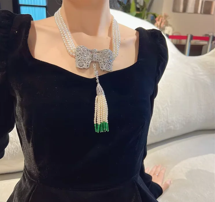 3 Strands CulturedWhite Pearl Necklace Silver Plated CZ Pave Connector Pearl Tassel Pendant For Women