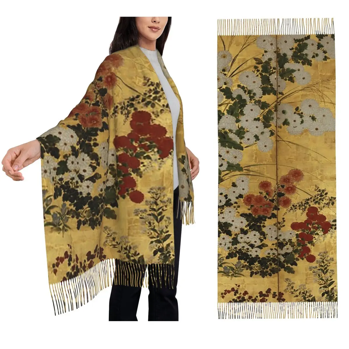 

Белые, красные хризантемы с цветочным принтом, японский золотой шарф с трафаретным принтом, шарфы с кисточками, шали и накидки, длинная осенне-зимняя шаль, накидка