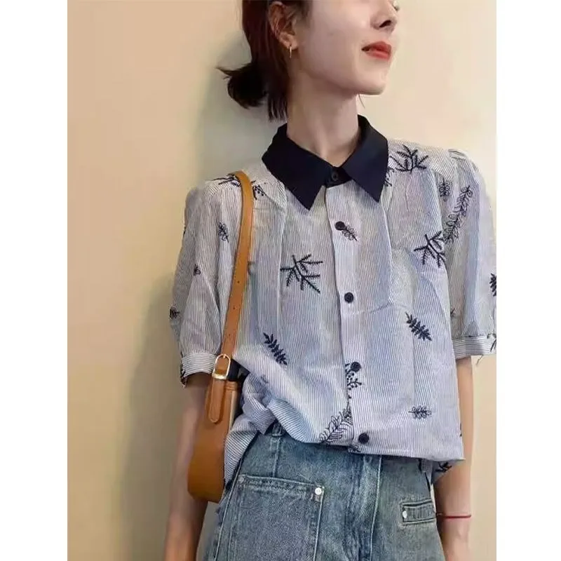 

French Style Embroidered Puff Short-sleeved Shirt for Women Loose Contrasting Color POLO Collar Striped Printed Button Top