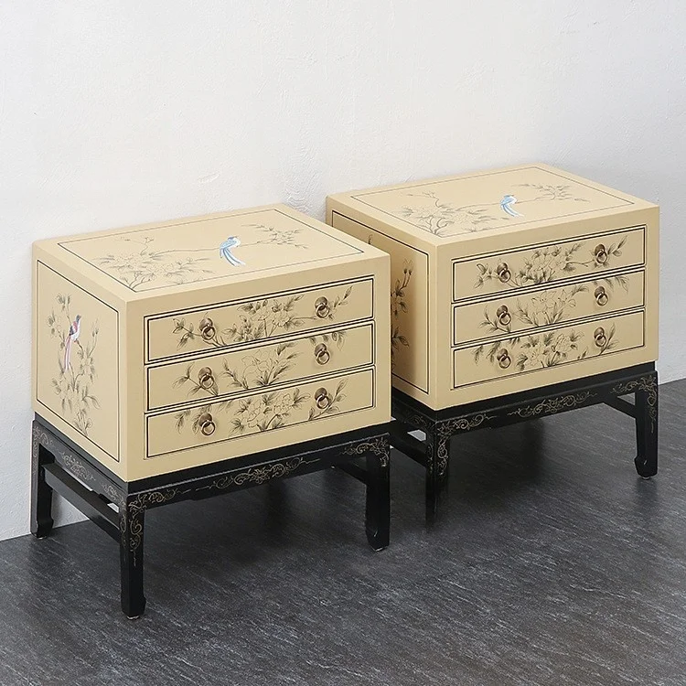 #a Artisanal Ey Handmade Vintage Bedroom Nightstand-Solid Wood 3-Drawer Storage Cabinet Chinese Motifs for Apartment Use