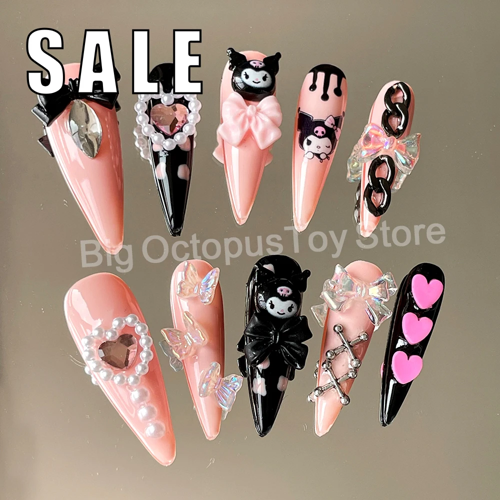 

Sales Promotion Kawaii Sanrio Kuromi Stiletto Fake Nail Tips Black Pink Color Matching Pearl Bowknot Detachable Press On Nails