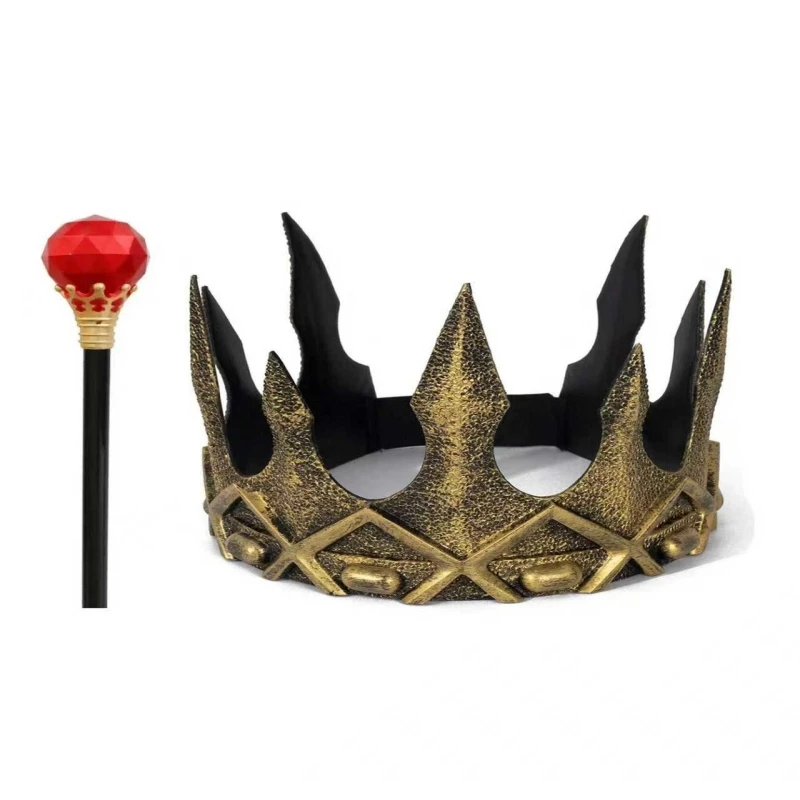 2pcs Medieval Vintage Gold/Silver King Crown And Wand Set Costume Accessories for Stage Performances Role-playing Halloween And