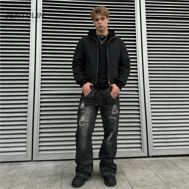 Y2K Retro Jeans Damaged Washed Holes Gothic Style Jean Women High Quality Fashion Double Waisted Add Nails Men Long Flared Pants