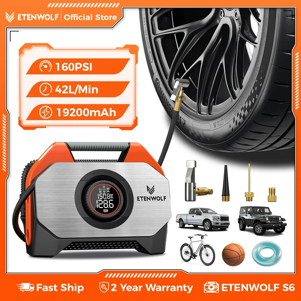 

ETENWOLF VORTEX S6 Portable Air Compressor 100% Duty Cycle & Dual Cylinder 19200 mAh Car Tire Inflator Bicycle pump Air pump