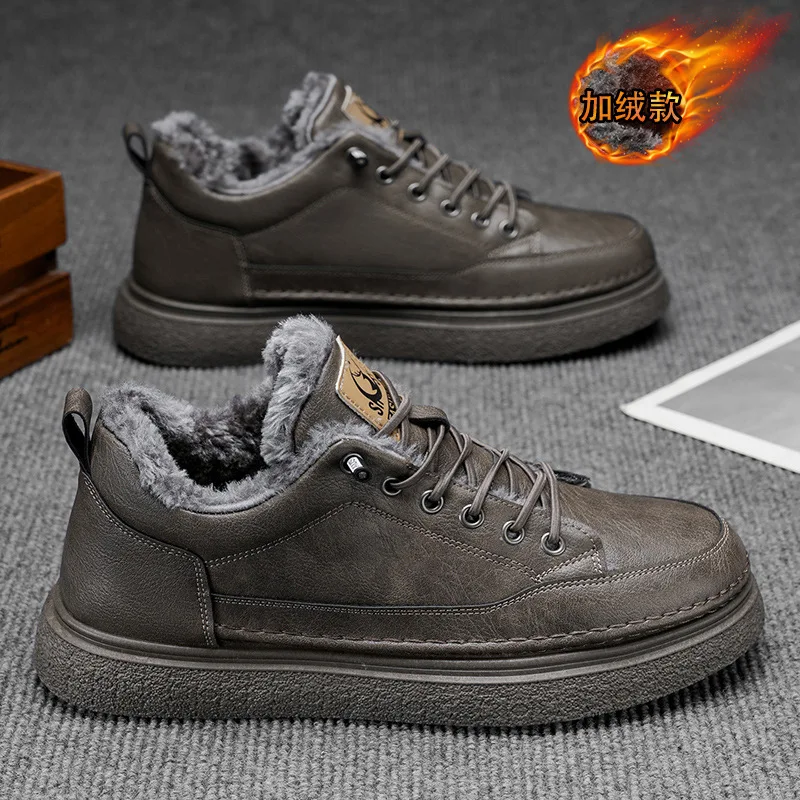 Men Casual Leather Shoes Winter New Outdoor Plush Thicken Warm Cotton Shoes Waterproof Non Slip Height Increase Short Boots
