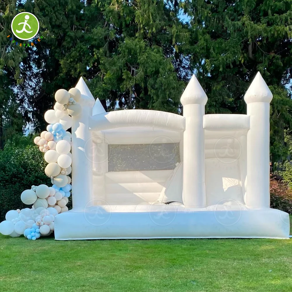 Clearance Now! New White Bounce House for Kids and Adults, Slide and Ball Pit, Outdoor PVC Jumping Bed, Inflatable Castle, 15x15