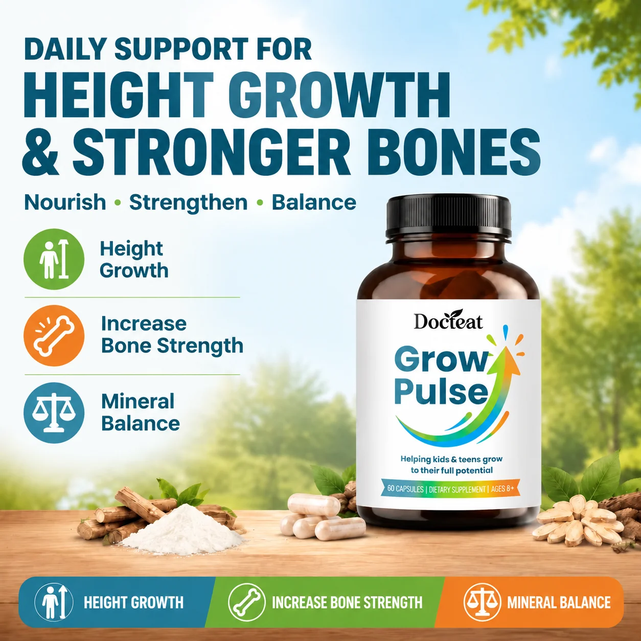 Teen Bone Growth Capsules Height Growth Increase Bone Strength Mineral Balance with D3 K2 Magnesium Zinc 60 Ct for Kids Teens