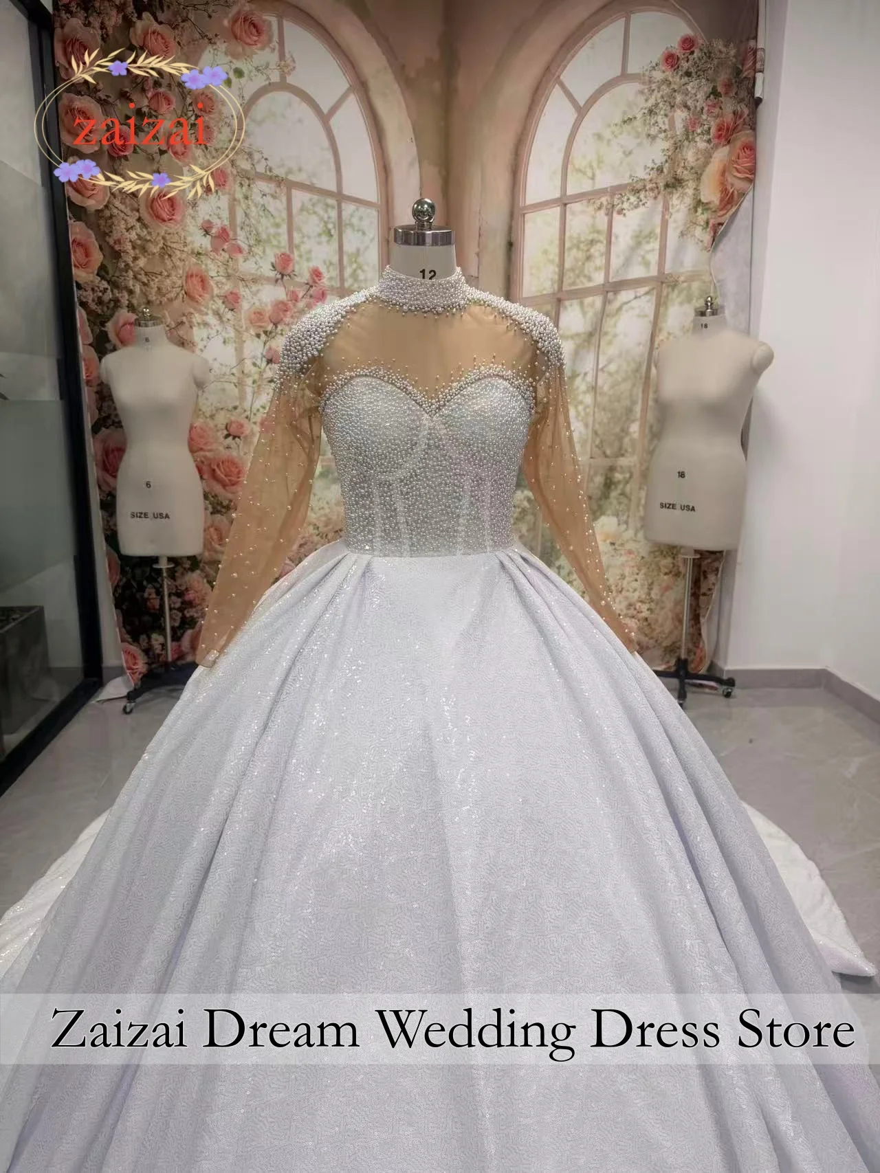 Customzied Real Pictures Sparkle Wedding Dresses Luxury Ball Gown Glitter Beads Sequin Long Sleeves Sexy Dubai Bride Bridal Gown