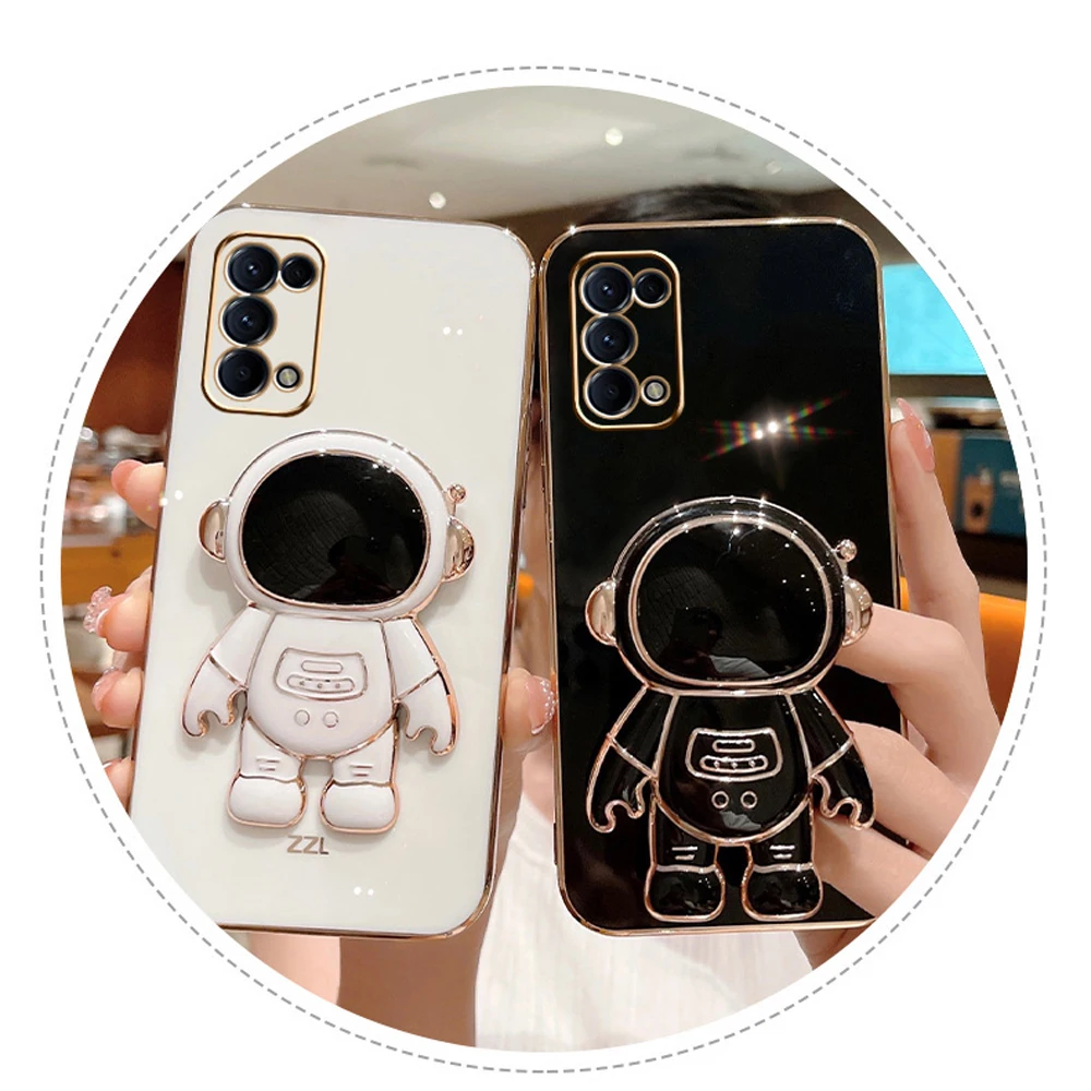 For OPPO A74 5G Case Oppo A54 5G Electroplated astronaut folding stand case CPH2197 CPH2263 G02 Camera protector silicone cover